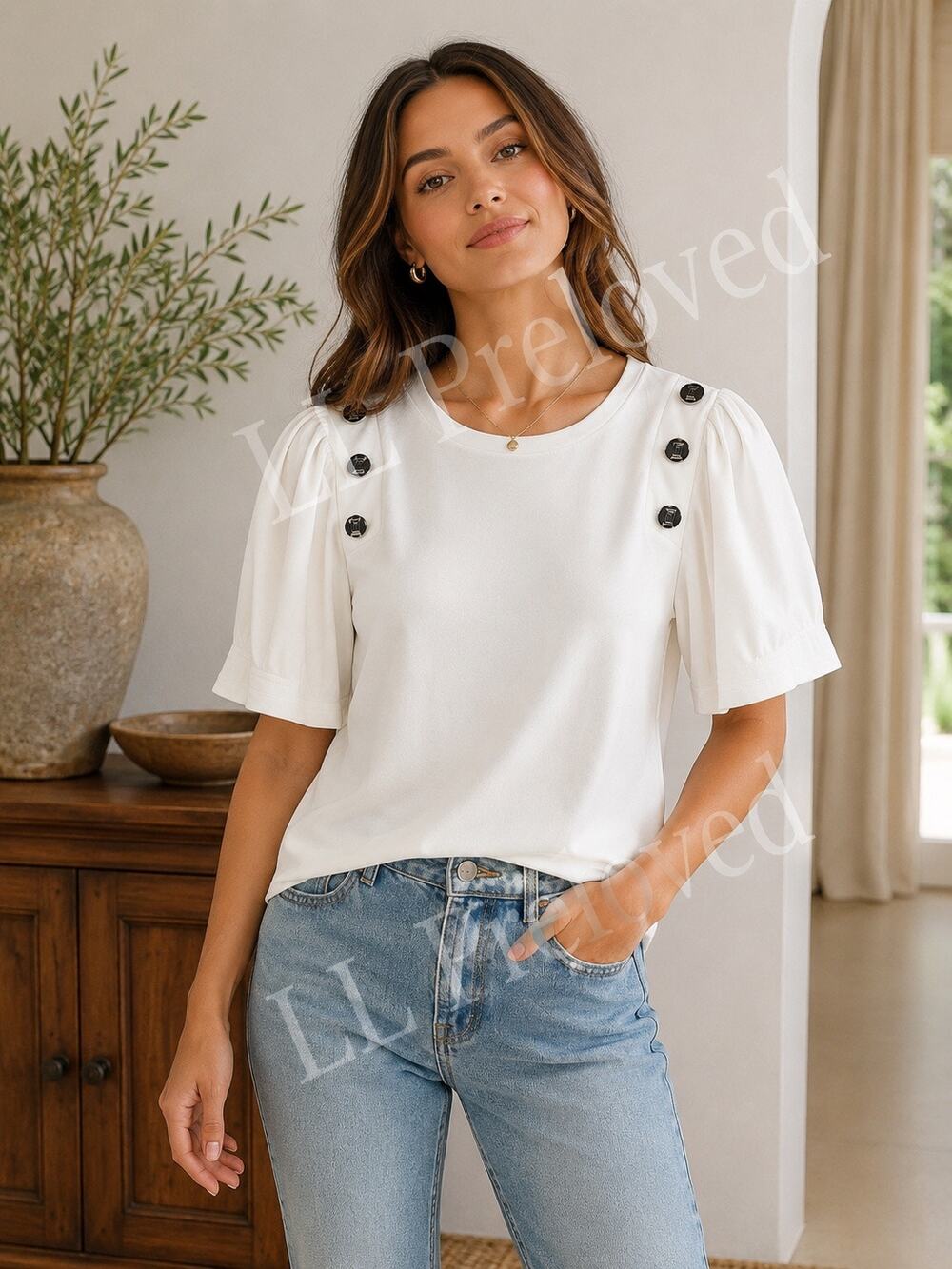 Karl Lagerfeld Paris White Puff Sleeve Button Shoulder Top‎ large